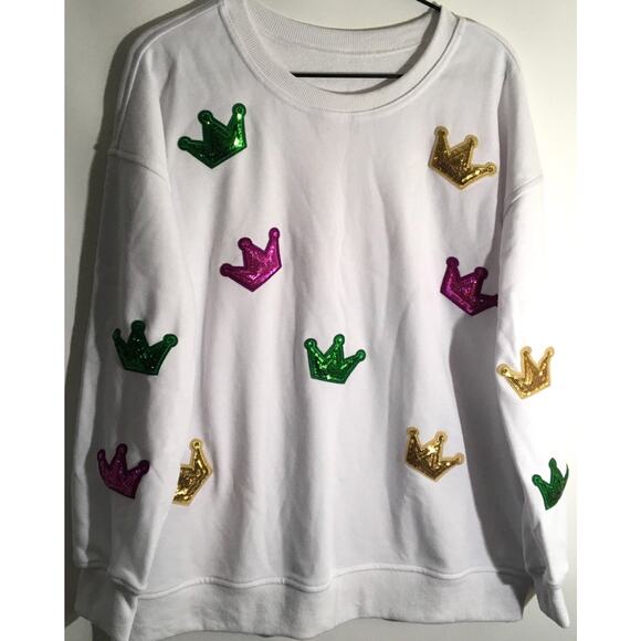 Unbranded Tops - Holiday Mardi Gras Crown & Sequin Colorful Women's White Sweatshirt Size Large